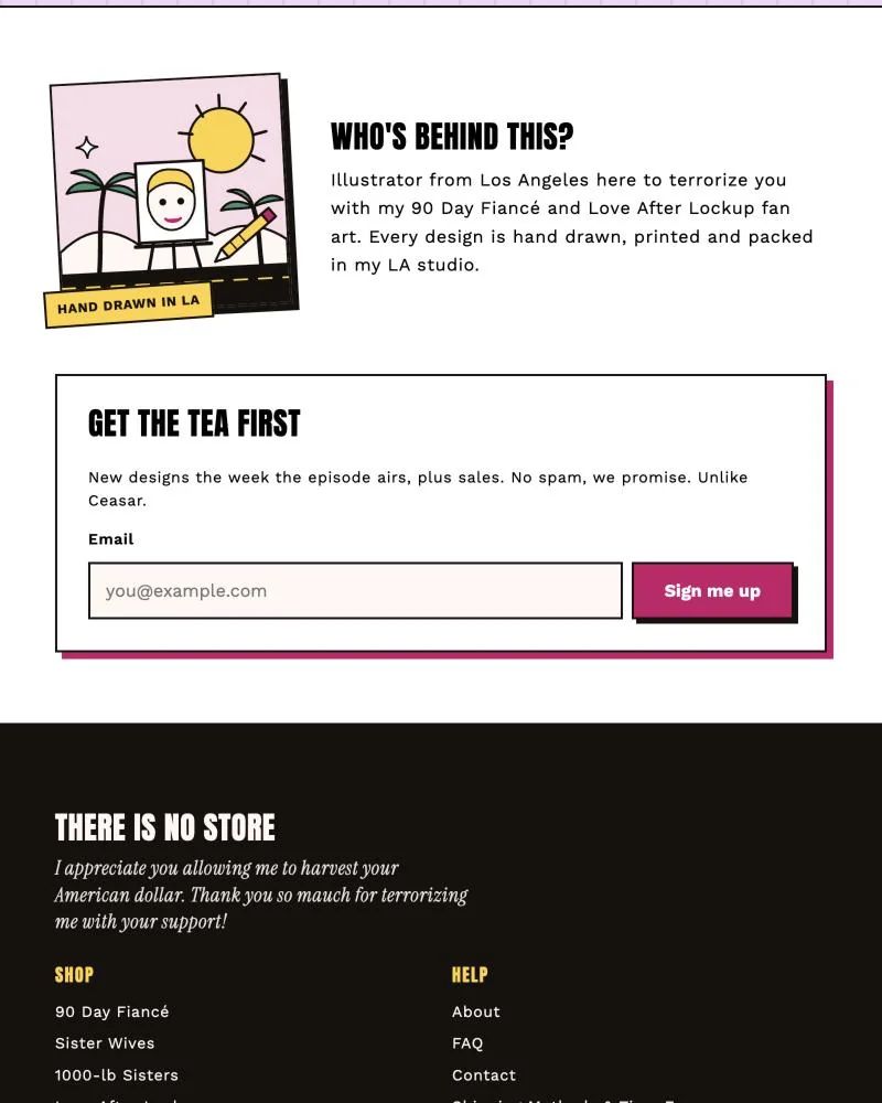 The Who's behind this block with an illustrated sun, palm trees and easel tile labelled Hand drawn in LA, then a Get the tea first newsletter box with a magenta offset shadow, and the start of the ink footer.
