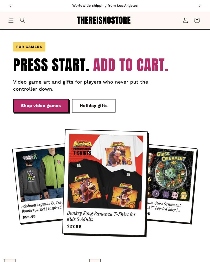 The same hero a moment later, now with the headline Press start. Add to cart. and Polaroids of a Pokemon jacket, a Donkey Kong shirt and a glass ornament.