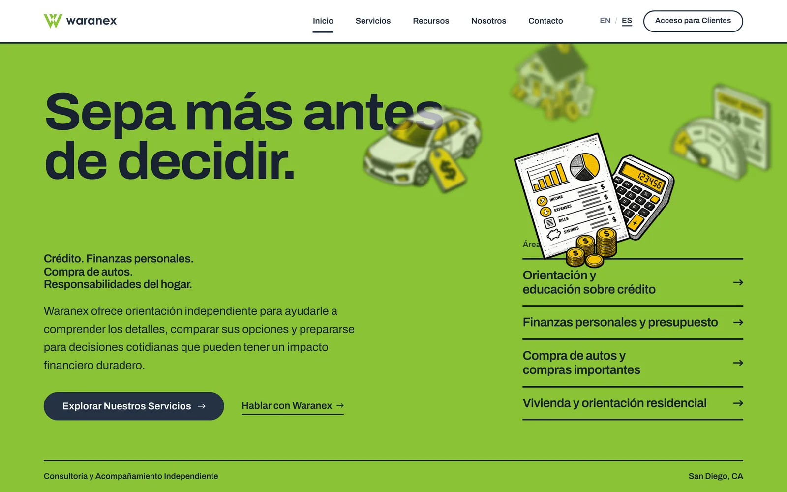 The Spanish home page: the same green hero with the headline Sepa más antes de decidir and the four areas of guidance in Spanish.