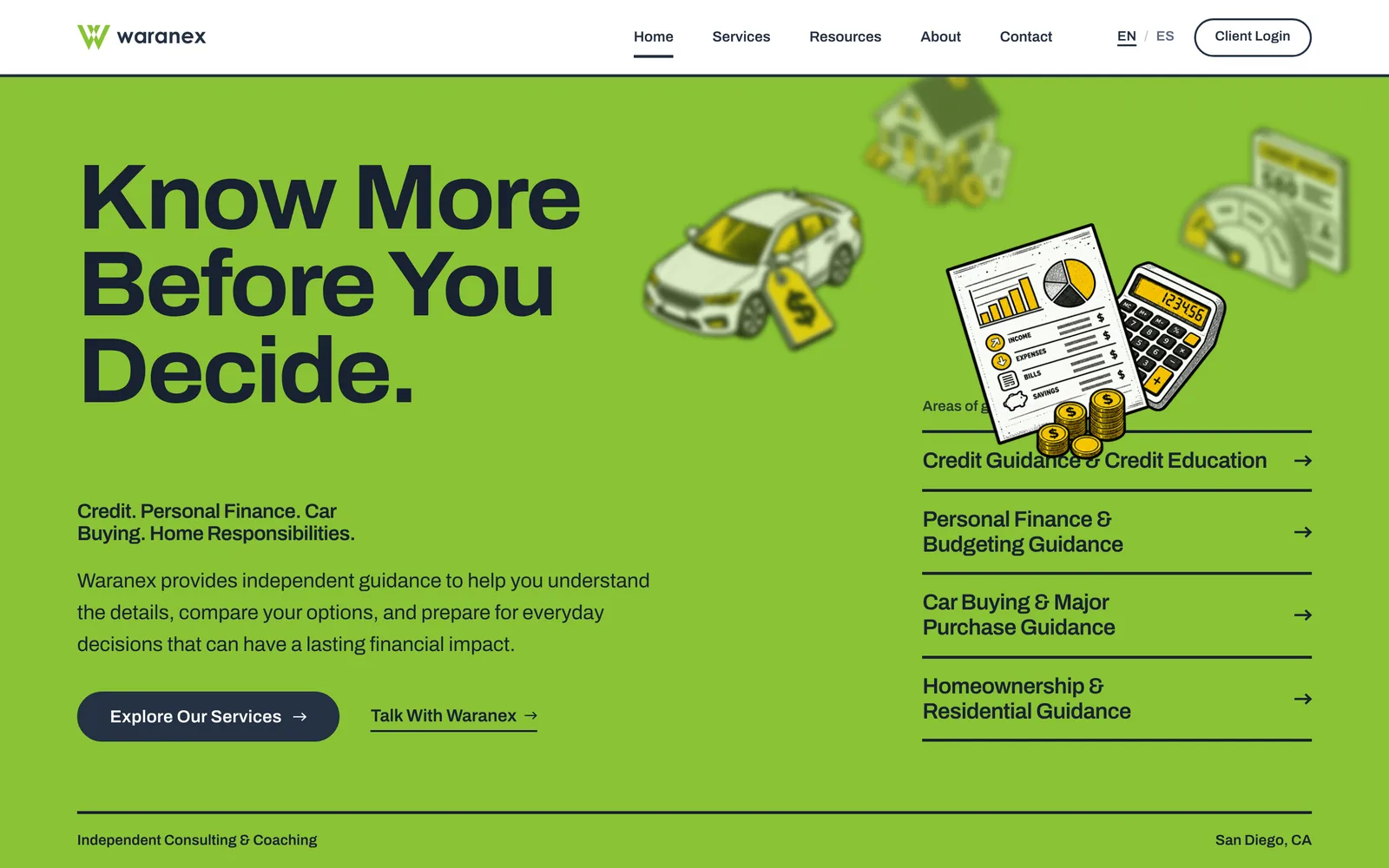 The Waranex home page on desktop: a green field with the headline Know More Before You Decide, four service drawings above a list of the four service areas, and a navy button reading Explore Our Services.