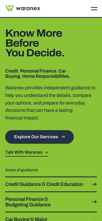 The Waranex home page on a phone, green with the headline Know More Before You Decide.