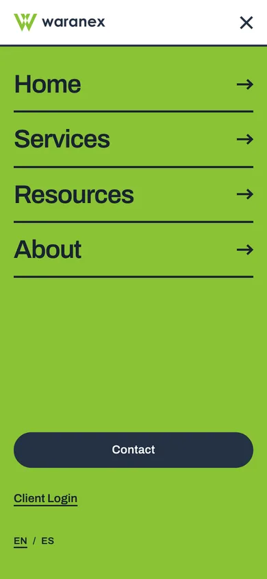 The Waranex phone menu: a green field with large links to Home, Services, Resources and About, and a navy Contact button.